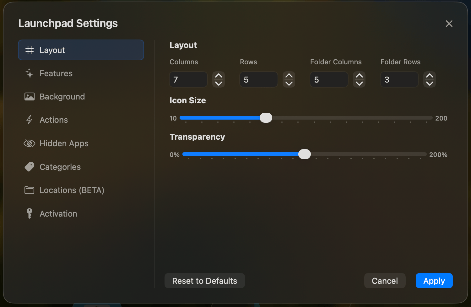 Layout Settings - Grid dimensions and icon sizes
