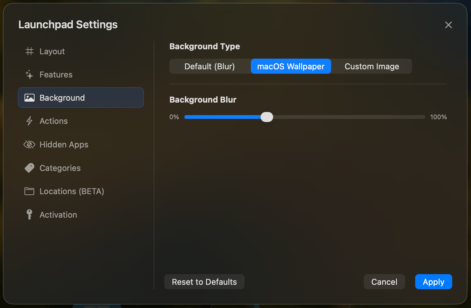 Background Settings - Blur and wallpaper options