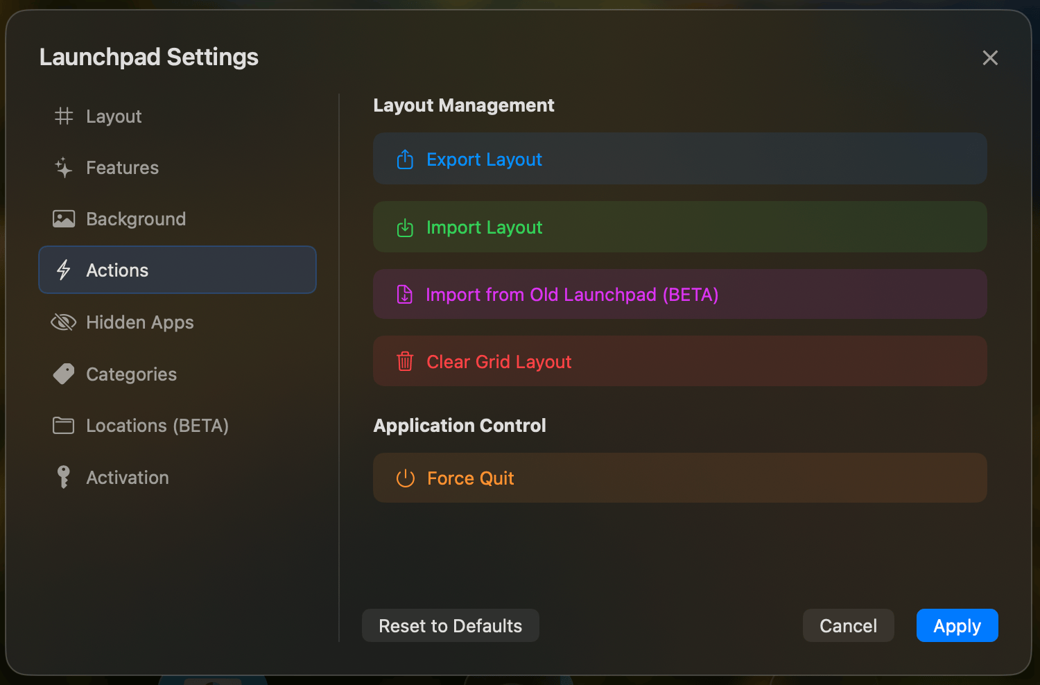 Advanced Actions - Layout export and import