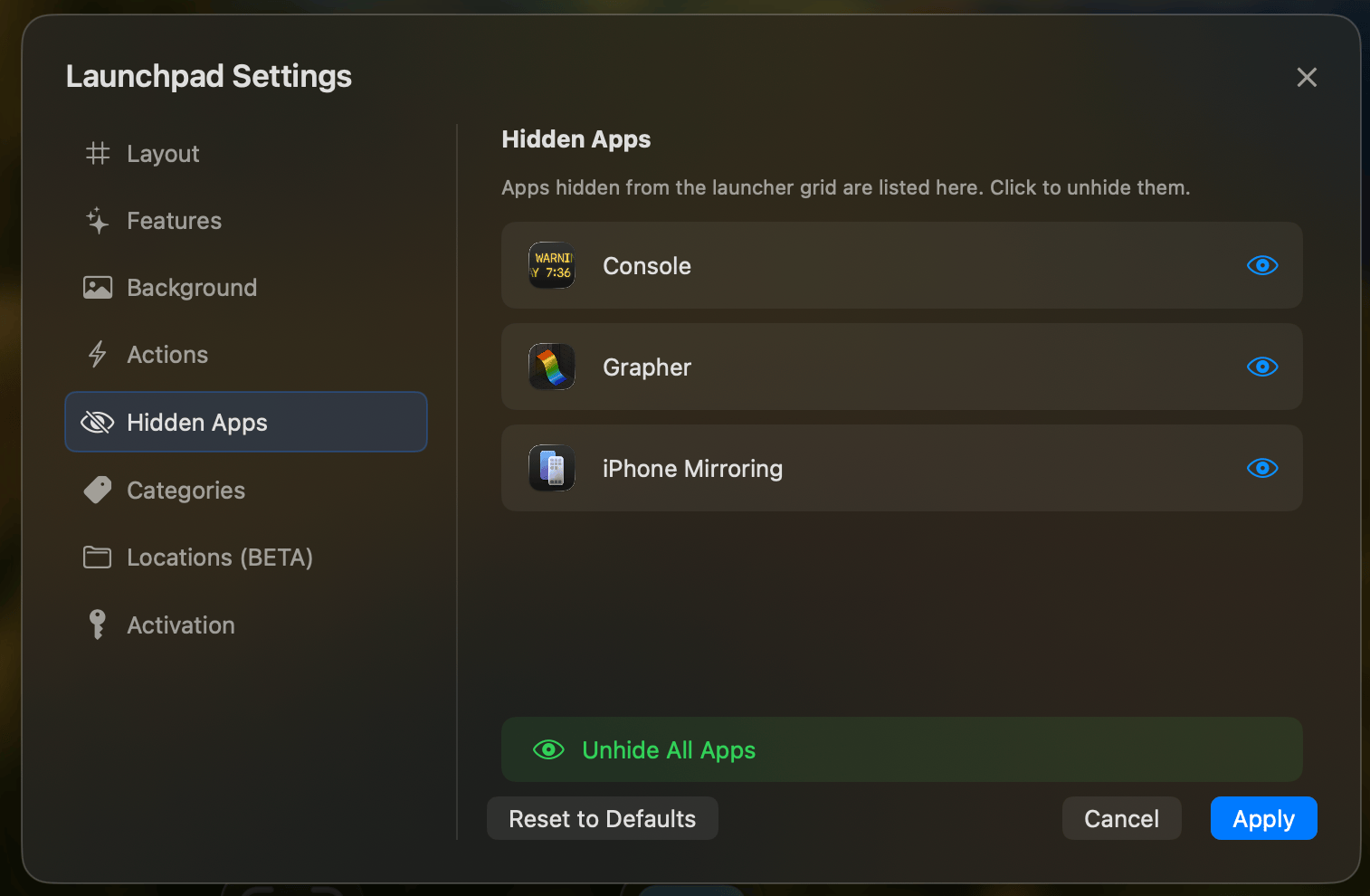 App Management - Hidden apps and custom locations